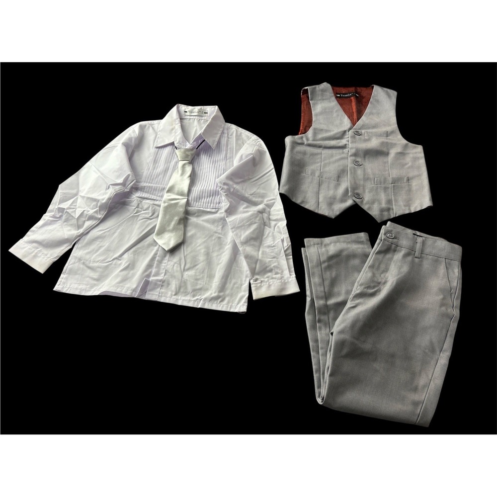 Yuan Lu Boy's Tuxedo Shirt & Tie #9 White Trousers and Waistcoat Vest Gray Set 4